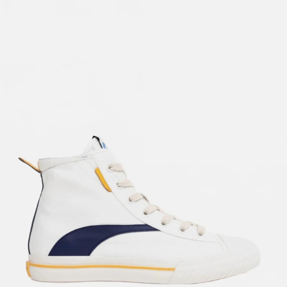 White High-Top Sneakers with Navy Accent and Yellow Trim